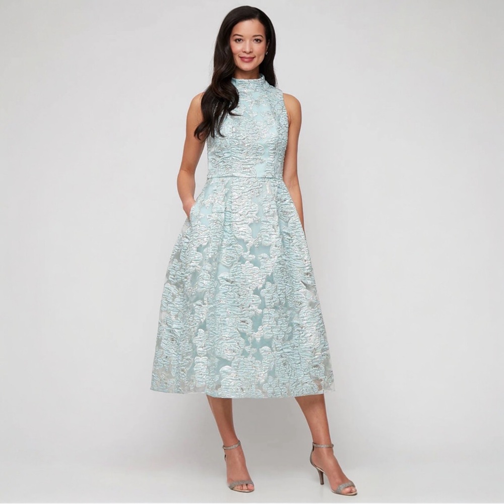 NWT Alex Evenings Metallic Jacquard A-Line Midi Dress Formal Cocktail Blue